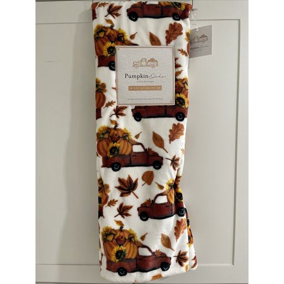 RED VINTAGE TRUCK Pumpkin Oaks Fall Autumn Leaf SUNFLOWERS Plush 50x70” Blanket - Picture 1 of 5